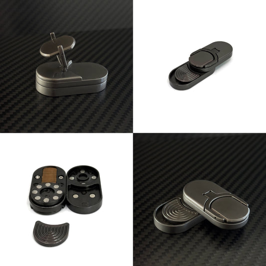 Multiple angles of the coin slider fidget toy displayed in both expanded and collapsed states.