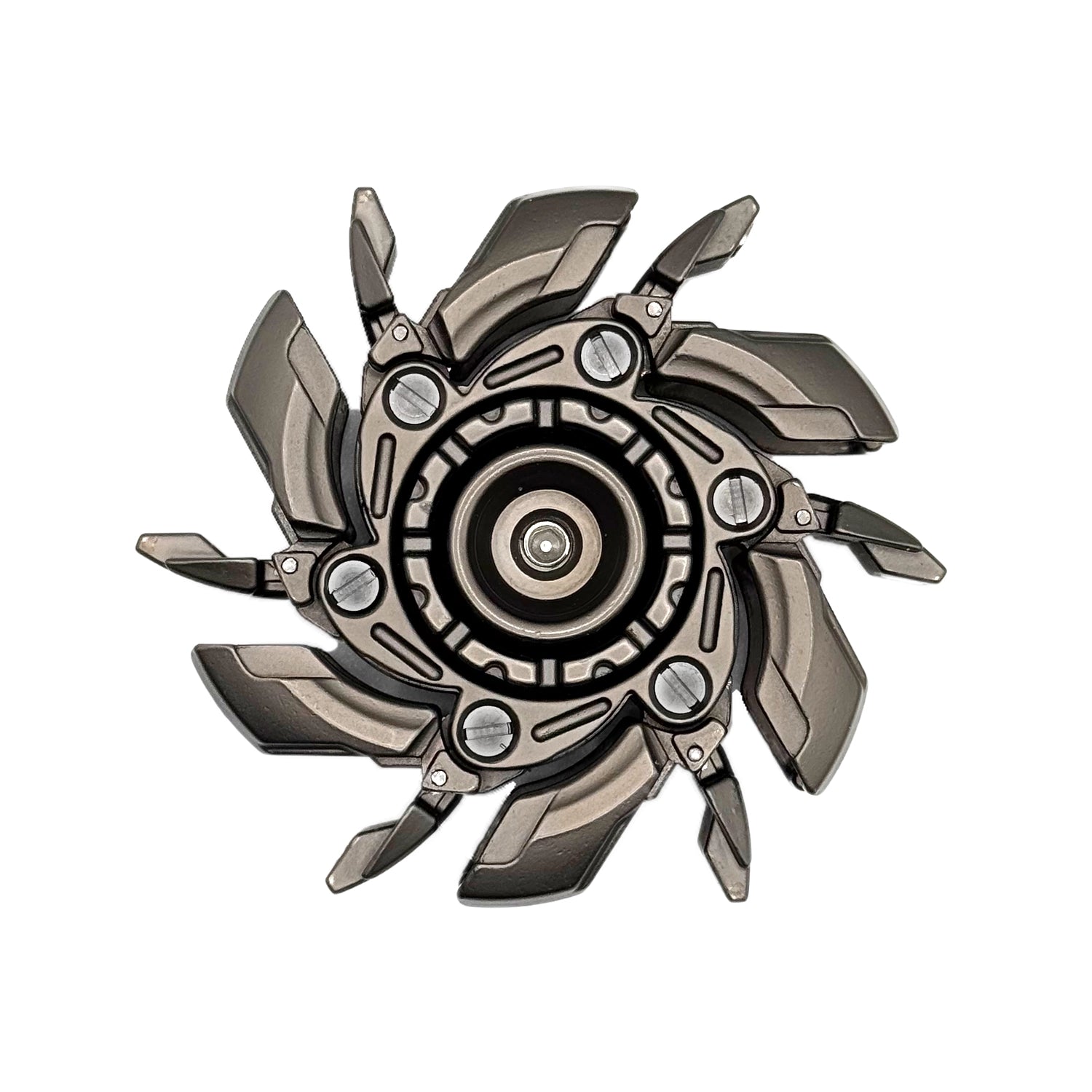 Front view of a premium metal fidget spinner with a sleek, expandable design for stress relief and focus
