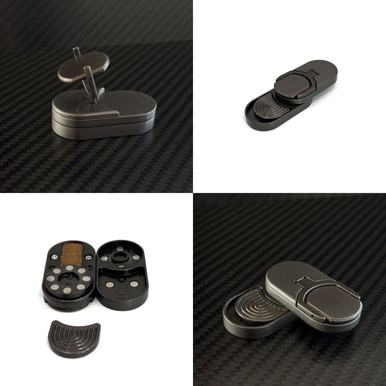 Multiple angles of the coin slider fidget toy displayed in both expanded and collapsed states.​
