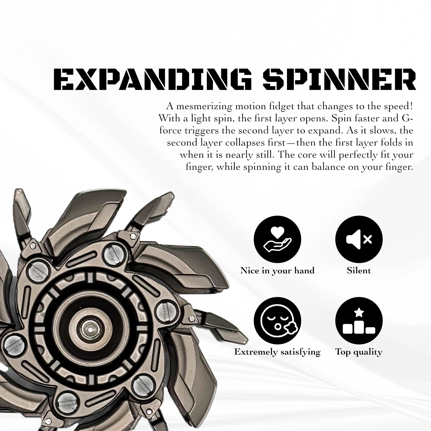 Minimalist spinner resting on a desk, ideal for quiet environments and productivity enhancement

