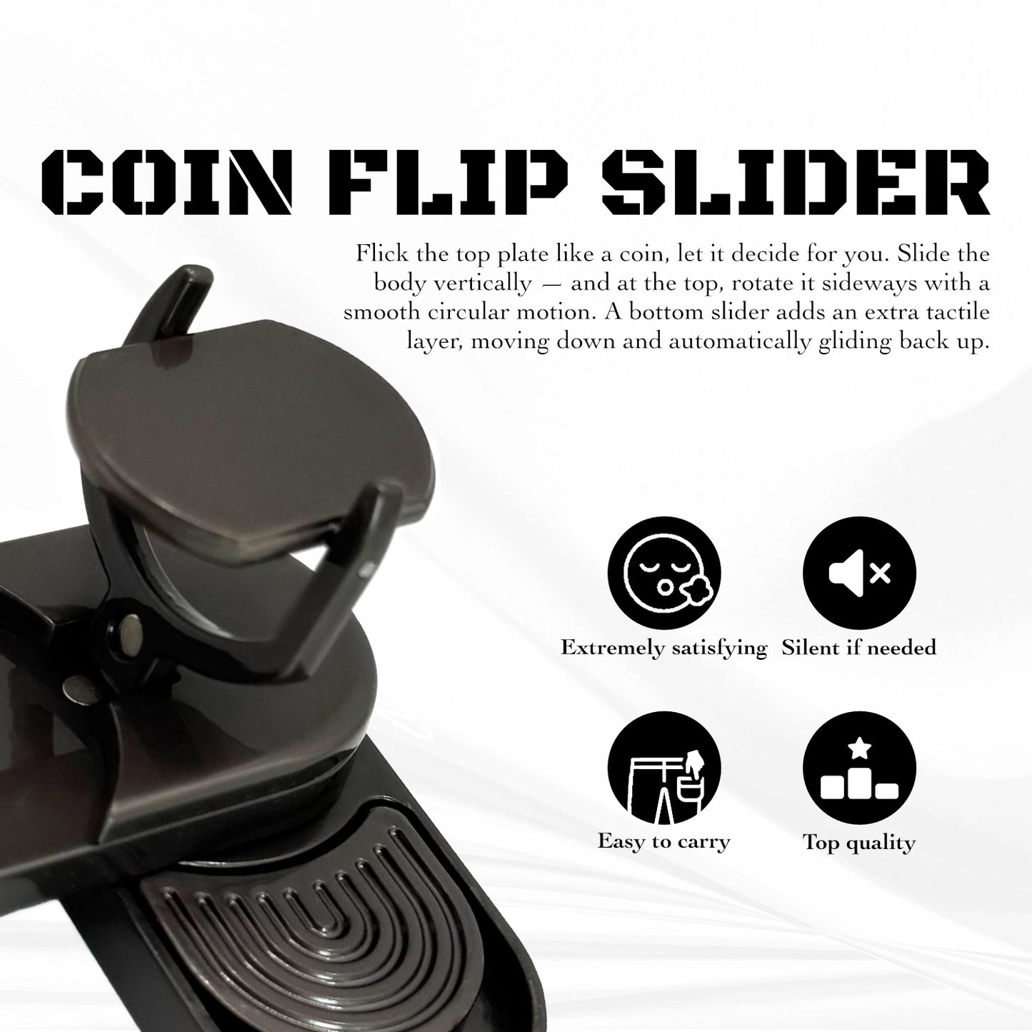 Close-up highlighting key benefits of the coin slider fidget toy, including its tactile satisfaction and durable build.​
