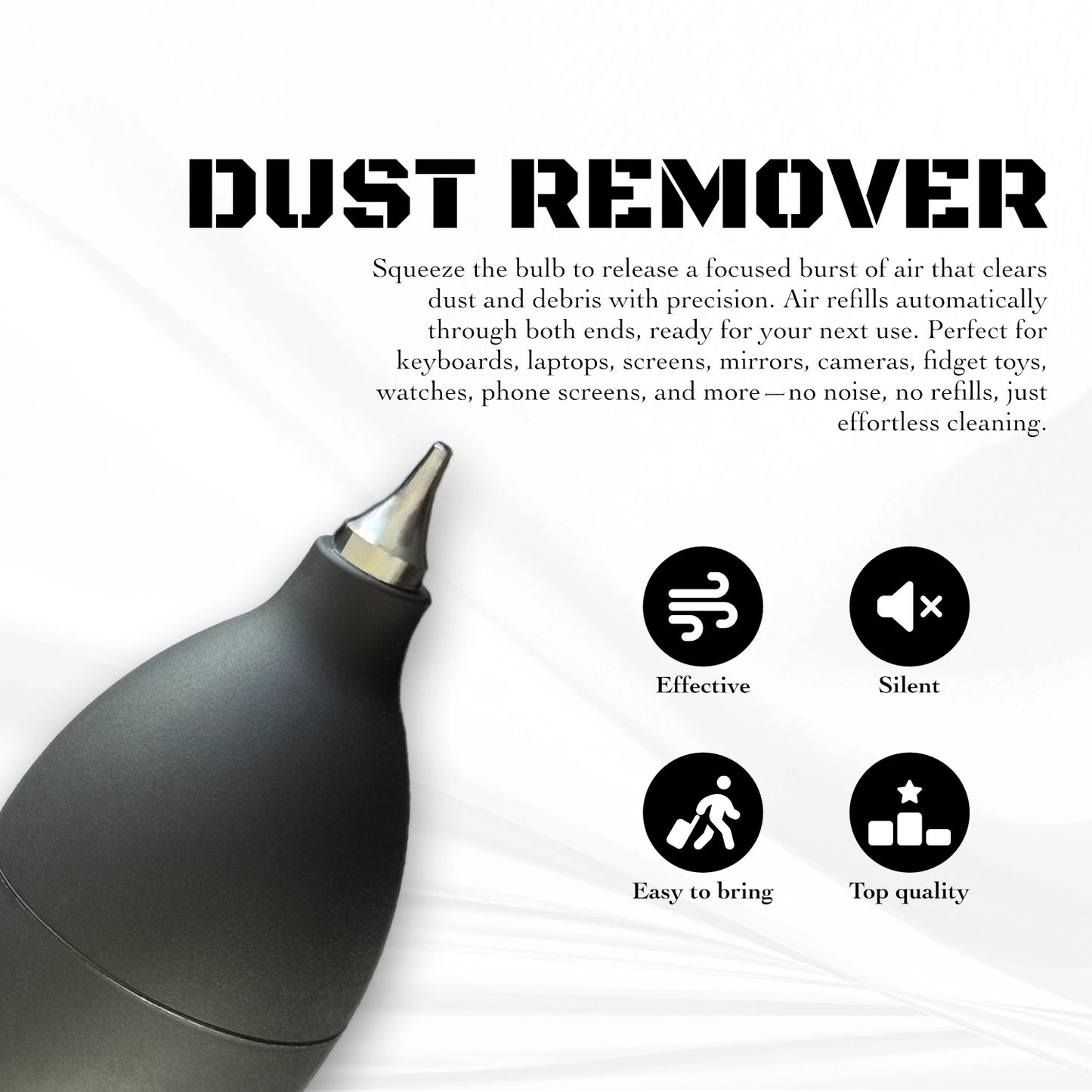 Expanded view of the ergonomic air blower, illustrating the full length of the nozzle for gaming setup cleaning.​