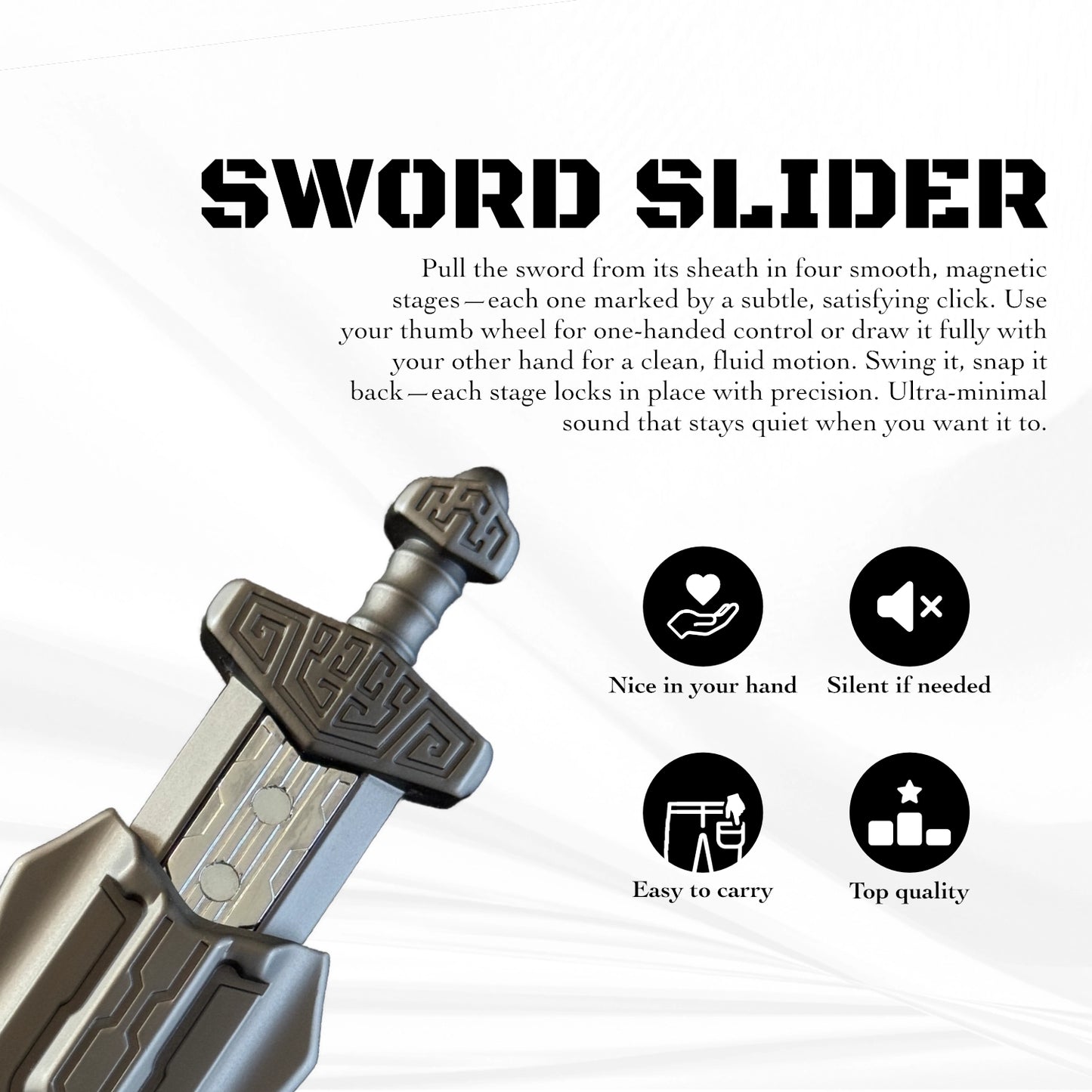 Zoomed-in image highlighting key benefits and features of the Magnetic Sword Slider.