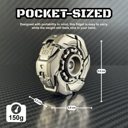 Spinner in mid-transition between collapsed and expanded states, revealing its mechanical complexity
