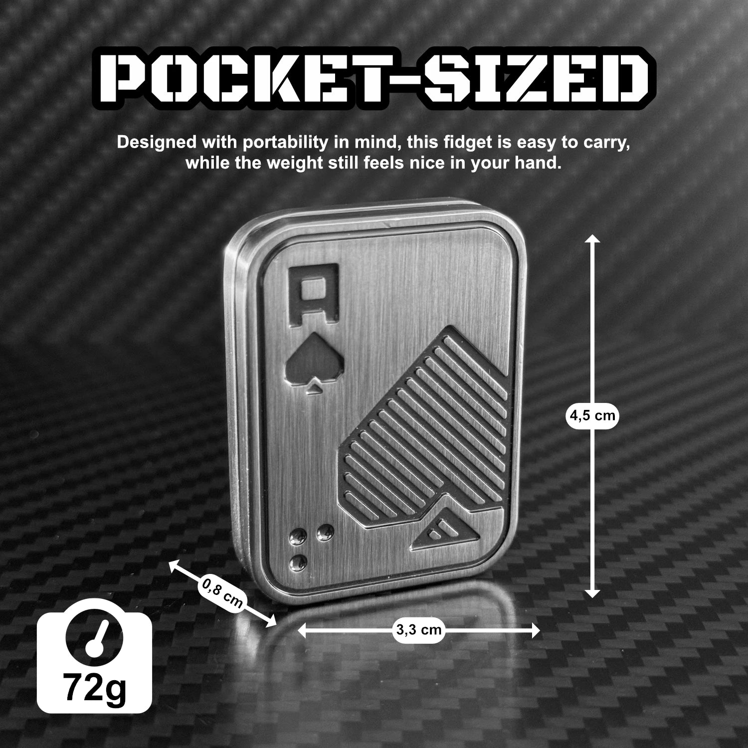 Image displaying dimensions of the Ace Poker Card Fidget Toy with comparison for pocket-sized scale.
