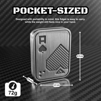 Image displaying dimensions of the Ace Poker Card Fidget Toy with comparison for pocket-sized scale.
