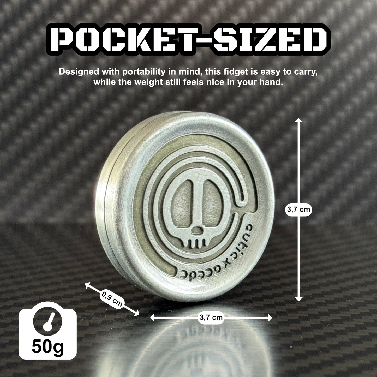 Skull Coin shown beside everyday objects for an accurate visual representation of its pocket-friendly size.